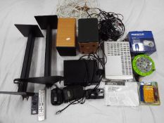Lot to include cameras, Denon CD receiver and speakers, with stands,