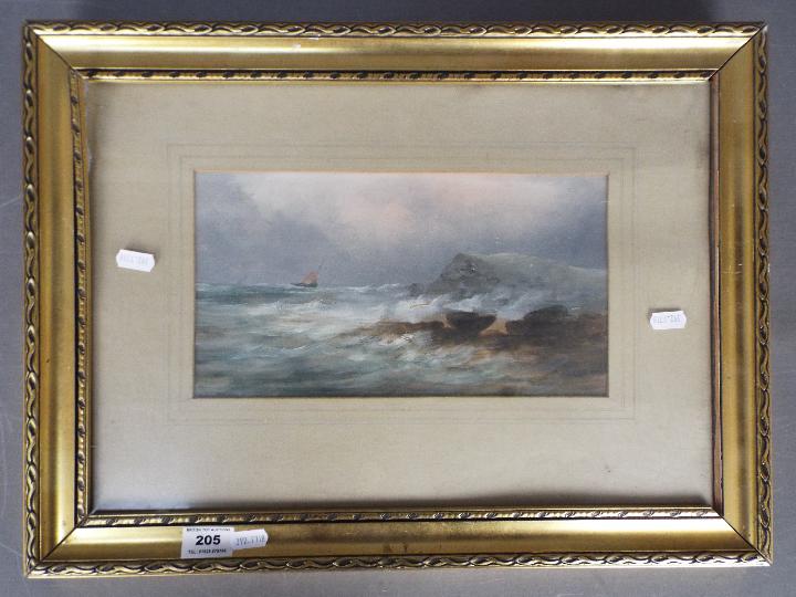 A small scale oil seascape with crashing waves and a small boat in the distance,