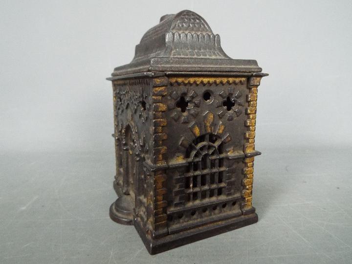 A Victorian cast iron money bank of architectural form, depicting a bank, approximately 12. - Image 3 of 5