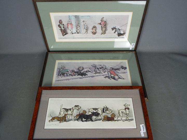 Three humorous prints of dogs after Boris OKlein, each mounted and framed under glass,