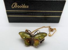 Silver - a Silver and enamelled butterfly brooch, stamped sterling 925 S, Norway with safety chain,