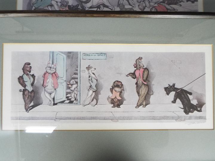 Three humorous prints of dogs after Boris OKlein, each mounted and framed under glass, - Image 4 of 4