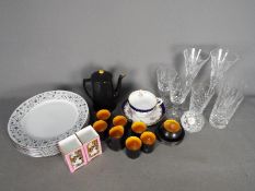 A mixed lot to include a Crown Ducal coffee set, a pair of Coalport square section vases,