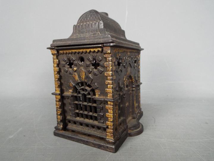 A Victorian cast iron money bank of architectural form, depicting a bank, approximately 12. - Image 2 of 5