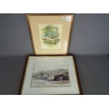 Two watercolours, the first depicting a coastal landscape,
