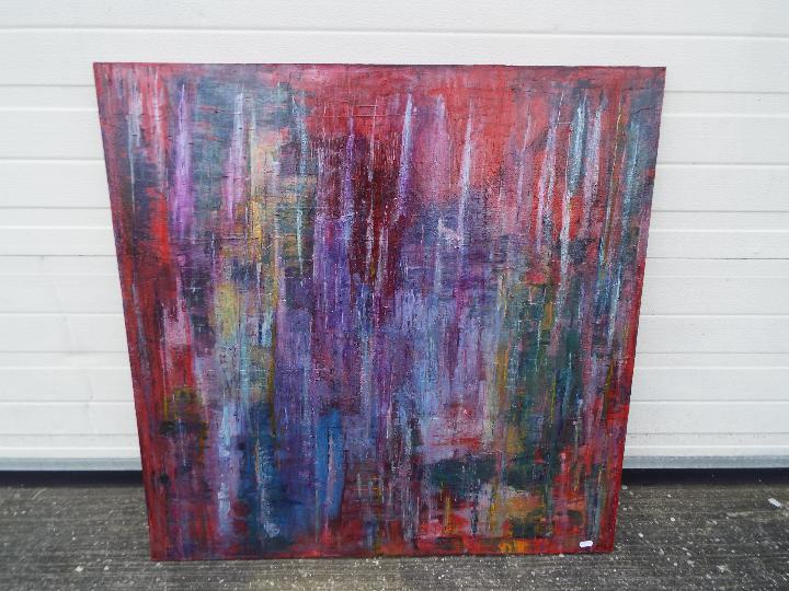 A large abstract, oil on canvas, signed lower right, approximately 91 cm x 92 cm.