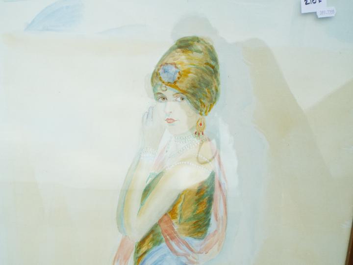 Framed watercolour depicting a young girl in eastern dress, approximately 95 cm x 55 cm image size. - Image 2 of 3