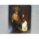 An oil on panel depicting an unknown couple clad in period costume, 35 cm x 28 cm,