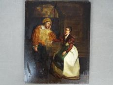 An oil on panel depicting an unknown couple clad in period costume, 35 cm x 28 cm,