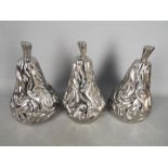 Unused Retail Stock - Three boxed ceramic pears with metallic, silver coloured finish,