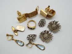 Lot to include cufflinks, earrings, ring and a pair of rolled gold aquamarine set drop earrings.