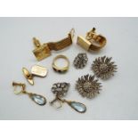 Lot to include cufflinks, earrings, ring and a pair of rolled gold aquamarine set drop earrings.