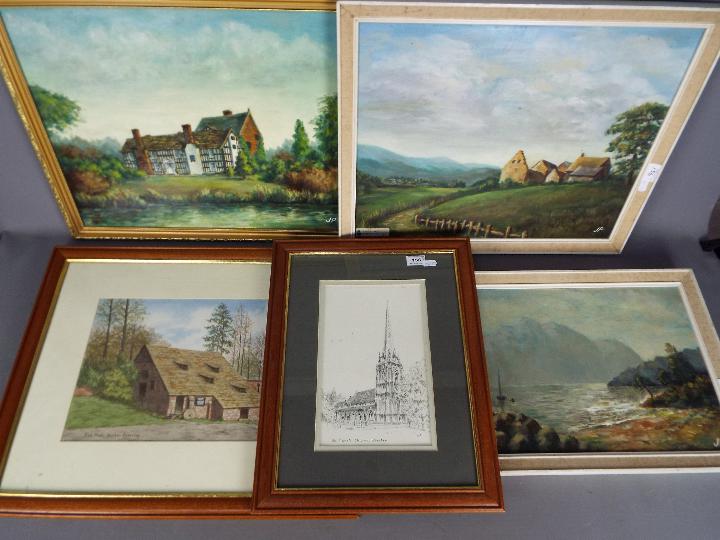 A collection of paintings and drawings by local artist John Platts, all framed, varying image sizes.
