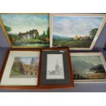 A collection of paintings and drawings by local artist John Platts, all framed, varying image sizes.