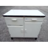 A vintage wood and enamel topped kitchen unit, approximately 86 cm x 85 cm x 54 cm.