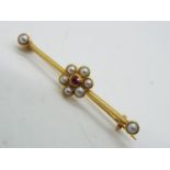 9ct - a 9ct bar brooch, stone set surrounded by pearls, 4cm (l), approx 2.