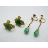 18 ct gold - a pair of 18 ct gold earrings set with Jade and a further pair of yellow metal