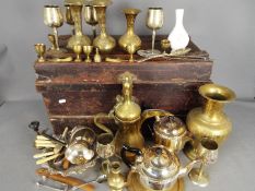 A quantity of metalware, brass and plated and a metal travelling trunk.