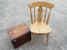 A pine chair and vintage Yates Bros & Co shipping box.