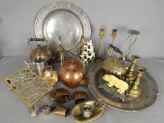 A collection of mixed metal ware to include copper kettle, brass spirit kettle, plated ware,