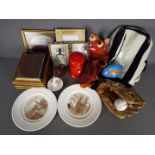 A mixed lot to include ceramics, photograph frames, baseball glove and ball and similar.