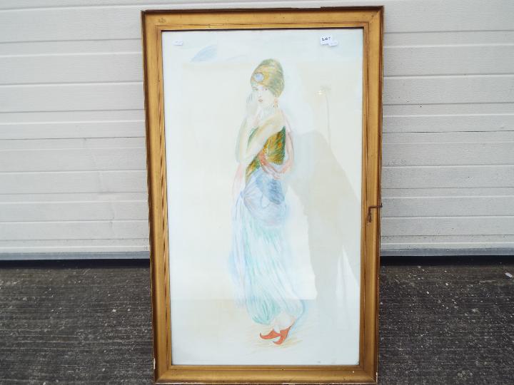 Framed watercolour depicting a young girl in eastern dress, approximately 95 cm x 55 cm image size.