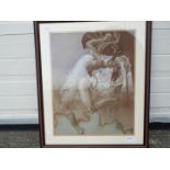Framed pastel depicting a semi nude young lady dancing with cymbals,