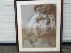 Framed pastel depicting a semi nude young lady dancing with cymbals,