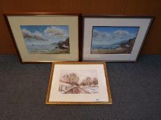 Three landscapes by local artist John Platts comprising two coastal landscapes and one rural