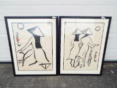 Two large Chinese ink paintings, both signed, mounted and framed under glass,