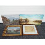 A collection of pictures to include a large, unframed oil on board, unframed oil on canvas,