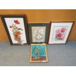 Four paining of floral studies to include one on glass, varying image sizes.