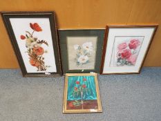 Four paining of floral studies to include one on glass, varying image sizes.