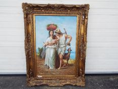 A large, ornately framed oil on canvas depicting a man, woman and child,