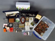 A mixed lot to include coins, a small quantity of stamps, costume jewellery, trinket boxes,