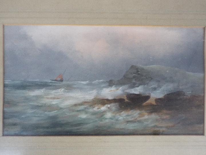 A small scale oil seascape with crashing waves and a small boat in the distance, - Image 2 of 3