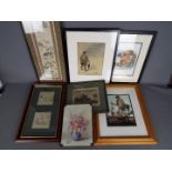 A collection of framed prints and similar.