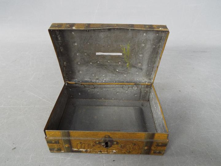 A vintage money bank / tin in the form of a metal bound chest, - Image 4 of 4