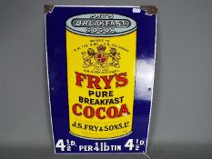 A vintage enamel sign for Fry's Breakfast Cocoa, approximately 53 cm x 36 cm.