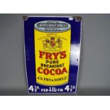 A vintage enamel sign for Fry's Breakfast Cocoa, approximately 53 cm x 36 cm.