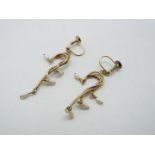 9ct - a pair of 9ct gold drop earrings, set with sea pearls, stamped 9ct, approx 3.