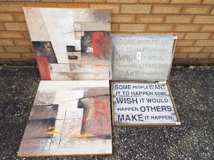 Retail Stock - two modern paintings on canvas 60 x 60 cm and two novelty wall art signs 40 x 50 cm