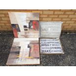 Retail Stock - two modern paintings on canvas 60 x 60 cm and two novelty wall art signs 40 x 50 cm