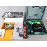 Lot to include an Elu belt sander, boxed jigsaw, angle drill and Stanley combination plane.