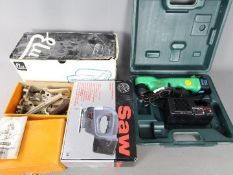 Lot to include an Elu belt sander, boxed jigsaw, angle drill and Stanley combination plane.