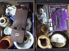 A mixed lot to include ceramics, glassware, metal ware and similar, two boxes.