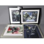 Four framed beadwork pictures of wolves and similar, varying image sizes.