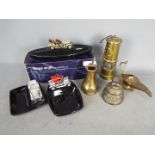 Lot to include a Hockley Lamp & Limelight Company safety lamp, vintage fire hose nozzle,