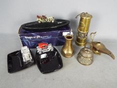 Lot to include a Hockley Lamp & Limelight Company safety lamp, vintage fire hose nozzle,