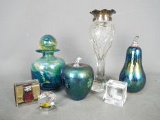 A small collection of glassware to include Mdina bottle and stopper,
